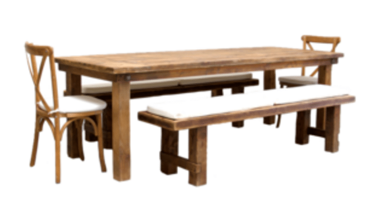 Package – 1 Honey Brown Farm Table With 2 Long Benches And 2 Cross-Back Chairs Package | Rental