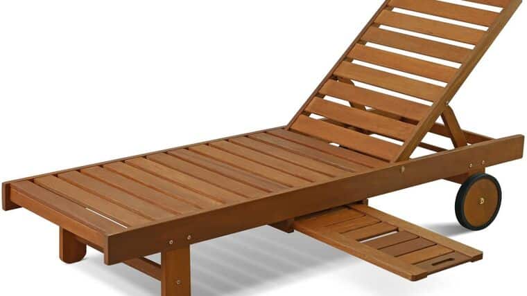 Outdoor Hardwood Patio Furniture Sun Lounger with Tray in Teak Oil, Natural | Rental