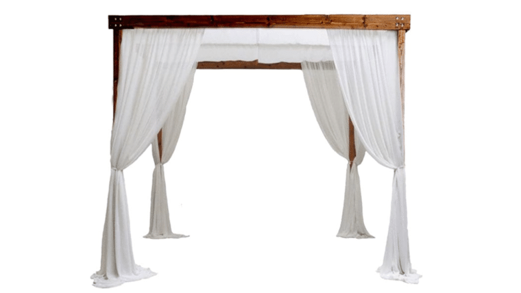 Cabana – 10 x 10’w x 8’h Rustic Wood Cabana With White Draping | Rental