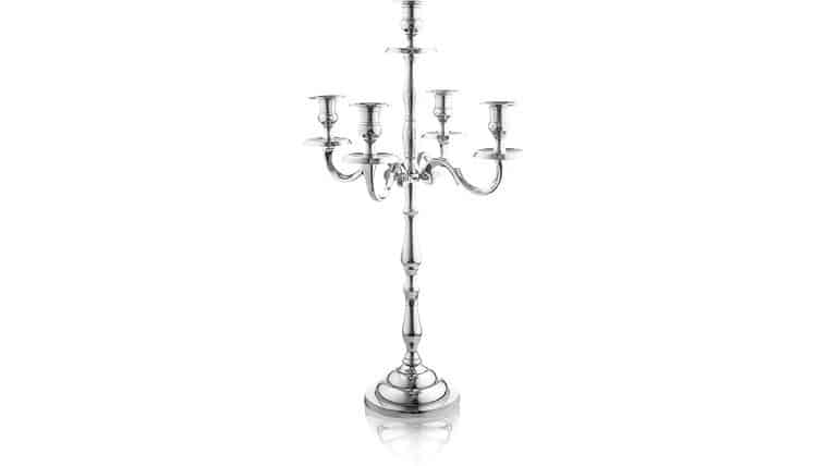 24 Inch Silver 5 Candle Candelabra – Classic Elegant Design – Wedding, Dinner Party And Formal Event Centerpiece – Nickel Plated Aluminum, Mirrored Finish | Rental