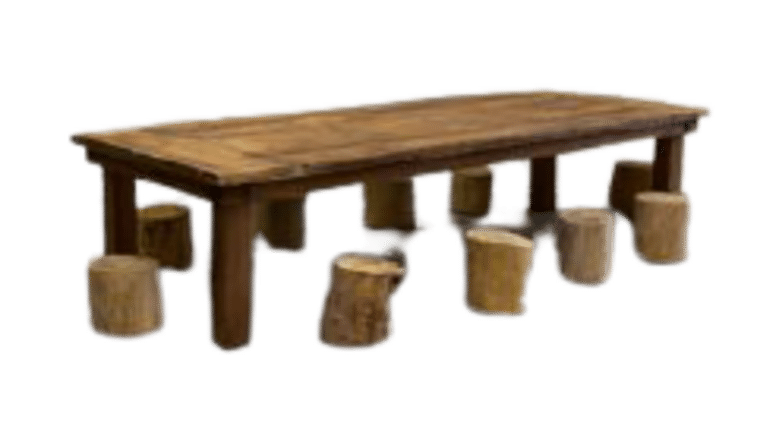 Package – Kids Rectangle Honey Brown Farm Table Package With 10 Tree Stumps | Rental