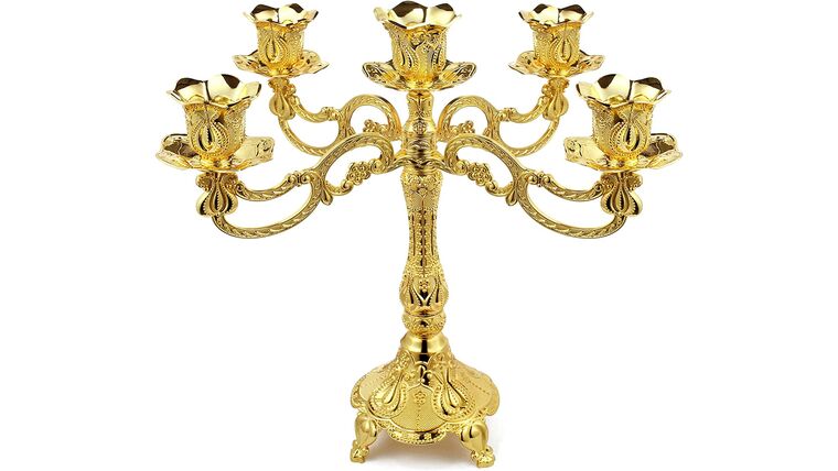 5-Candle Metal Candelabra 10.3 Inch Tall Candlestick Candle Holders for Home Decor Wedding Christmas Church Halloween Party, Gold Tulip | Rental