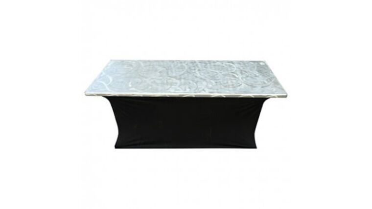 Banquet Table | Aluminum Swirl | Rectangle | 6′ x 30″ w/ Brown Skirt | Rental