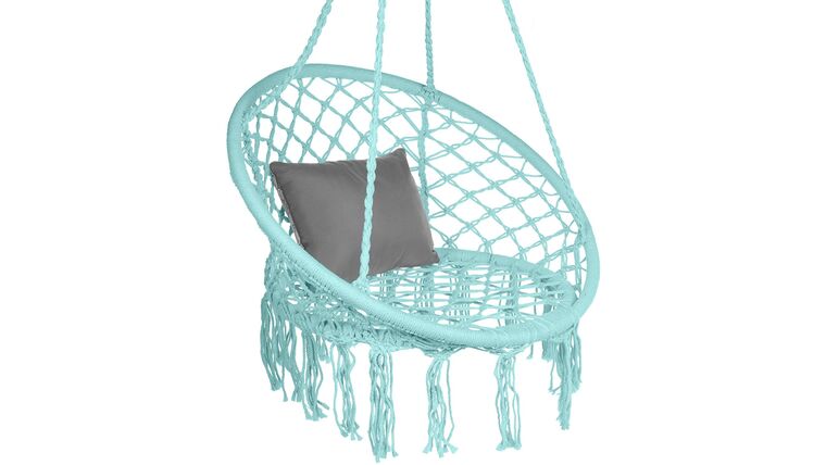 Handwoven Cotton Macramé Hammock Hanging Chair Swing for Indoor & Outdoor Use w/Backrest, Fringe Tassels, 265 Pound Capacity – Teal | Rental Handwoven Cotton Macramé Hammock Hanging Chair Swing for Indoor & Outdoor Use w/Backrest, Fringe Tassels, 265 Pound Capacity – Teal | Rental