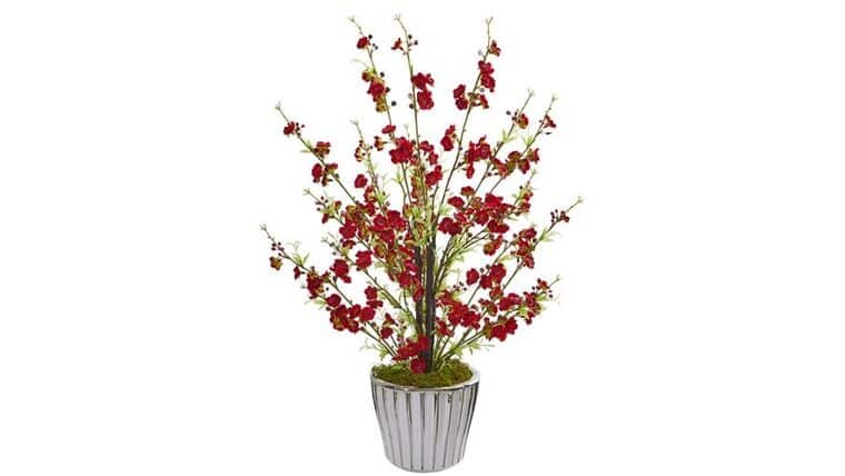 24” Cherry Blossom Artificial Arrangement in White Vase with Silver Trimming | Rental