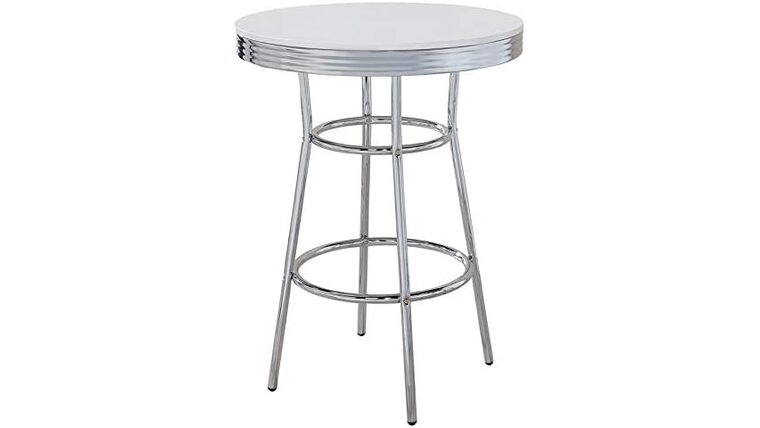 Cocktail – Retro 1950s Soda Fountain Round Pub Height Bar Table White High Gloss Chrome Metal Frame | Rental