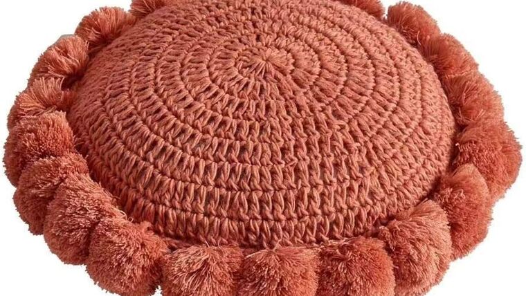 Knitted Throw Pillow Round Couch Pillow Sofa Cute Cushion Handmade Pompoms Decorative Plush Pillow – Orange | Rental