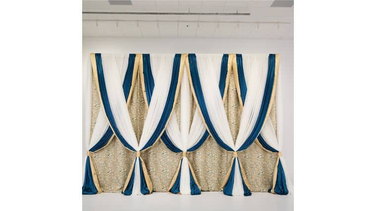 Drapery – Package – 14’H x 16’W Martinique Gold & Teal Backdrop | Rental Drapery – Package – 14’H x 16’W Martinique Gold & Teal Backdrop | Rental