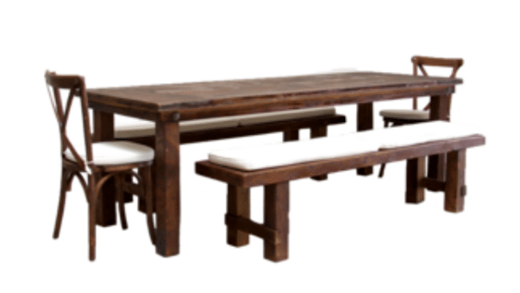 Package – 1 Mahogany Farm Table With 2 Long Benches And 2 Cross-Back Chairs Package | Rental