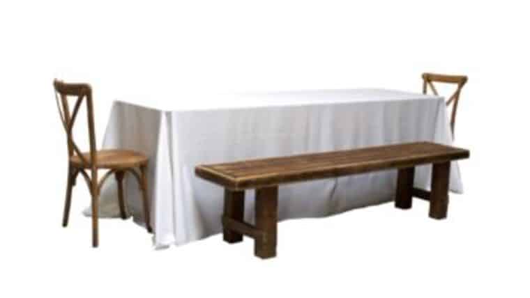 Package – 1 Banquet Table With 2 Honey Brown Long Benches And 2 Honey Brown Cross-Back Chairs Package | Rental