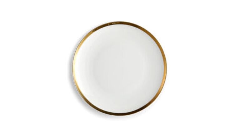 Iris Coupe Dinner Plate – White/Gold Rim | Rental