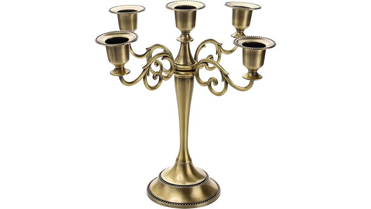 5 Arm Candelabra, 10.4 Inch Antique Bronze Candle Holder Bronze Candelabra Candlestick Holder for 1 Inch Diameter Pillar Candles, Taper Candles Holder, Candelabra Decoration, Wedding | Rental