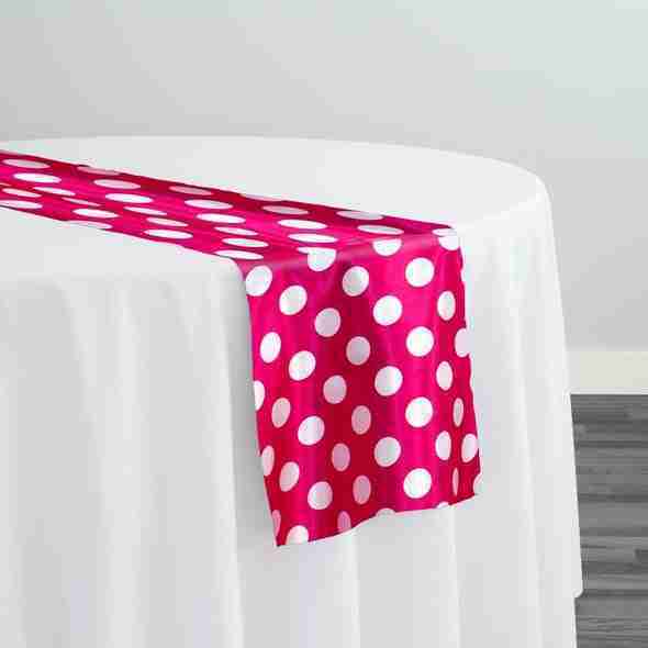 Satin Polka Dot Table Runner in White and Fuchsia | Rental