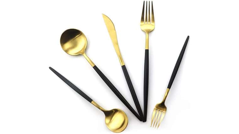 Package – Modern Gold & Black Matte 5 Piece Flatware Set | Rental Package – Modern Gold & Black Matte 5 Piece Flatware Set | Rental