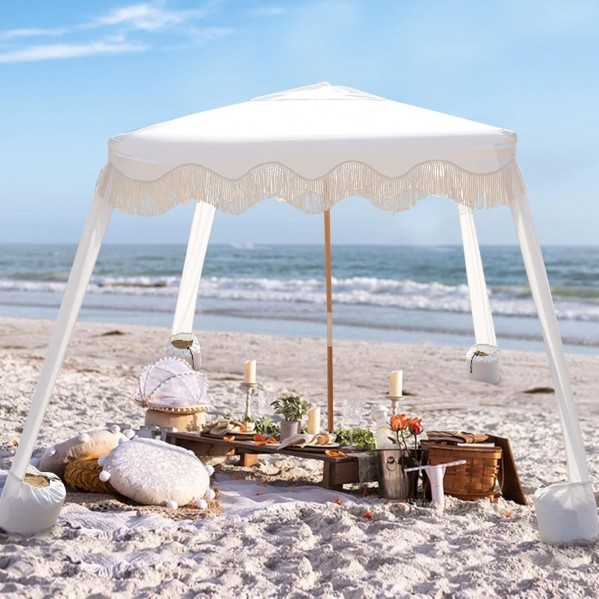 Beach Boho Cabana with fringe – white | Rental