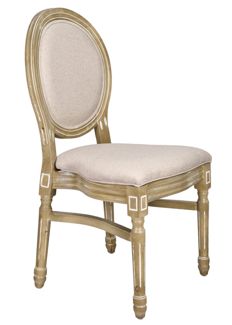 Antique Distressed Wood Louis Pop Chair Beige Tweed Fabric Back and Seat | Rental Antique Distressed Wood Louis Pop Chair Beige Tweed Fabric Back and Seat | Rental