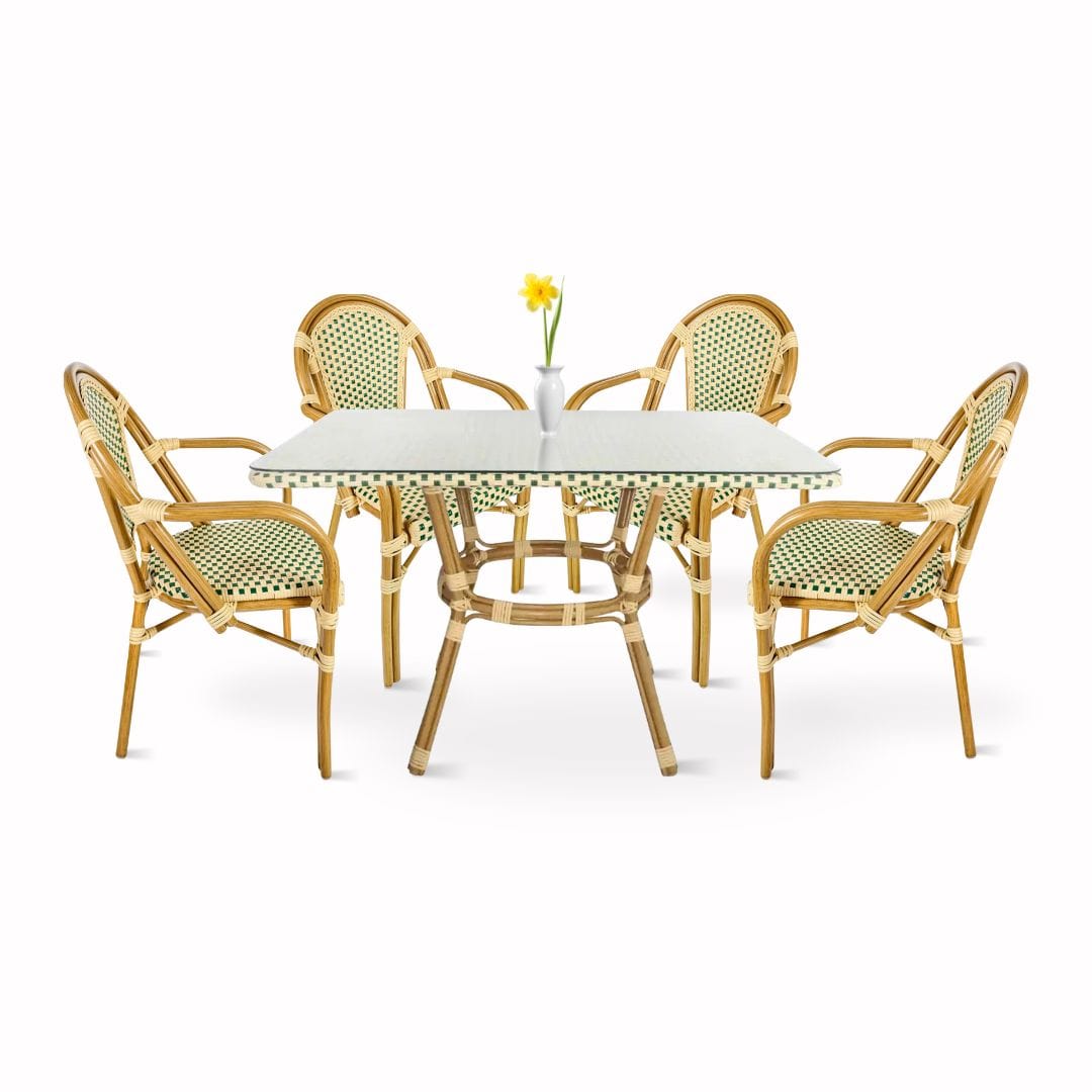Beige and Green French Bistro Set includes 48″ x 36″ Table and 4 Chairs with Arms | Rental