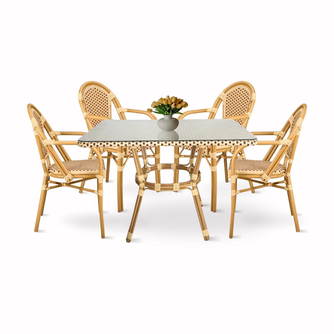Beige and Maroon French Bistro Set Includes 48″ x 36″ Table and 4 Chairs with Arms | Rental
