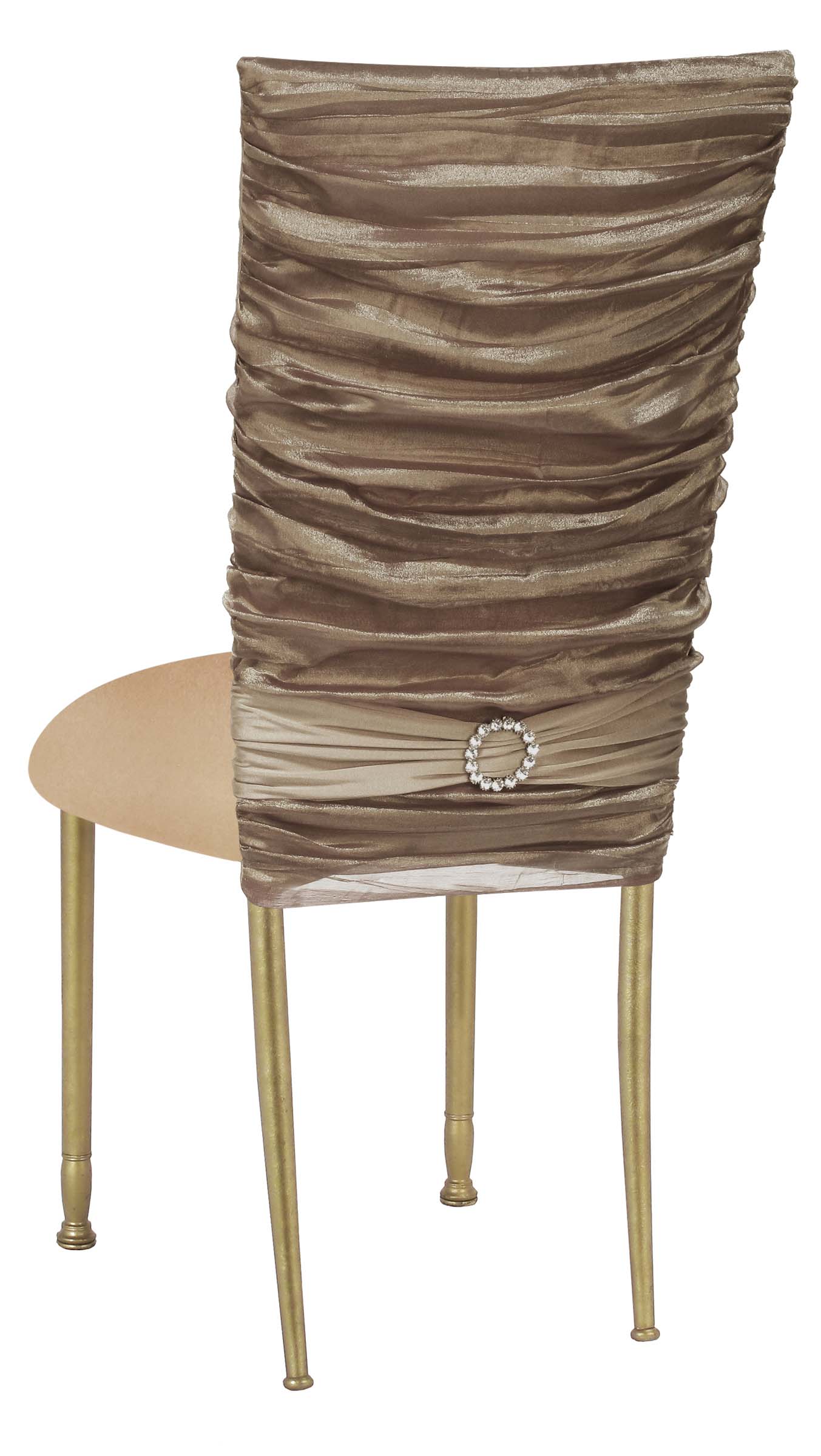 Beige Demure Cover with Jeweled Band and Beige Stretch Knit Cushion on Gold Legs – Chameleon Chair Collection | Rental