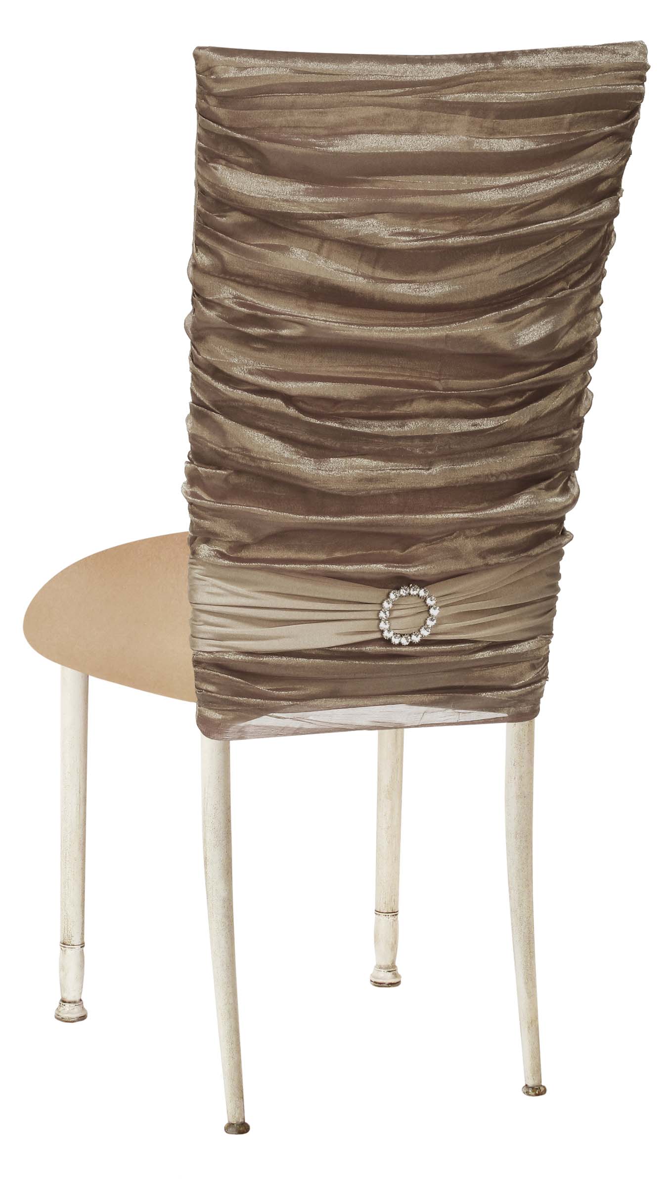 Beige Demure Cover with Jeweled Band and Beige Stretch Knit Cushion on Ivory Legs – Chameleon Chair Collection | Rental Beige Demure Cover with Jeweled Band and Beige Stretch Knit Cushion on Ivory Legs – Chameleon Chair Collection | Rental