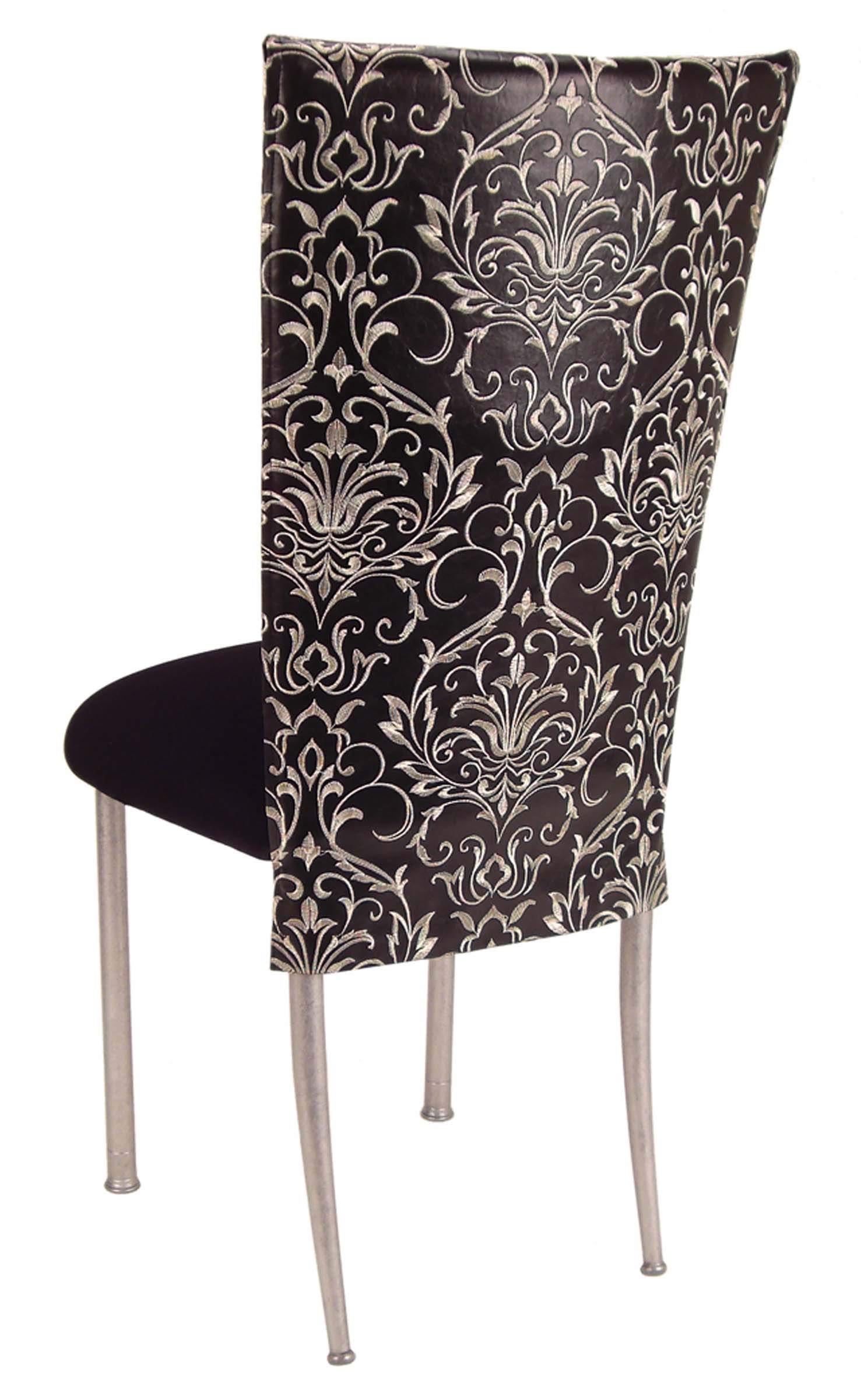 Black and White Dynasty Chair Cover with Black Stretch Knit Cushion on Silver Legs – Chameleon Chair Collection | Rental