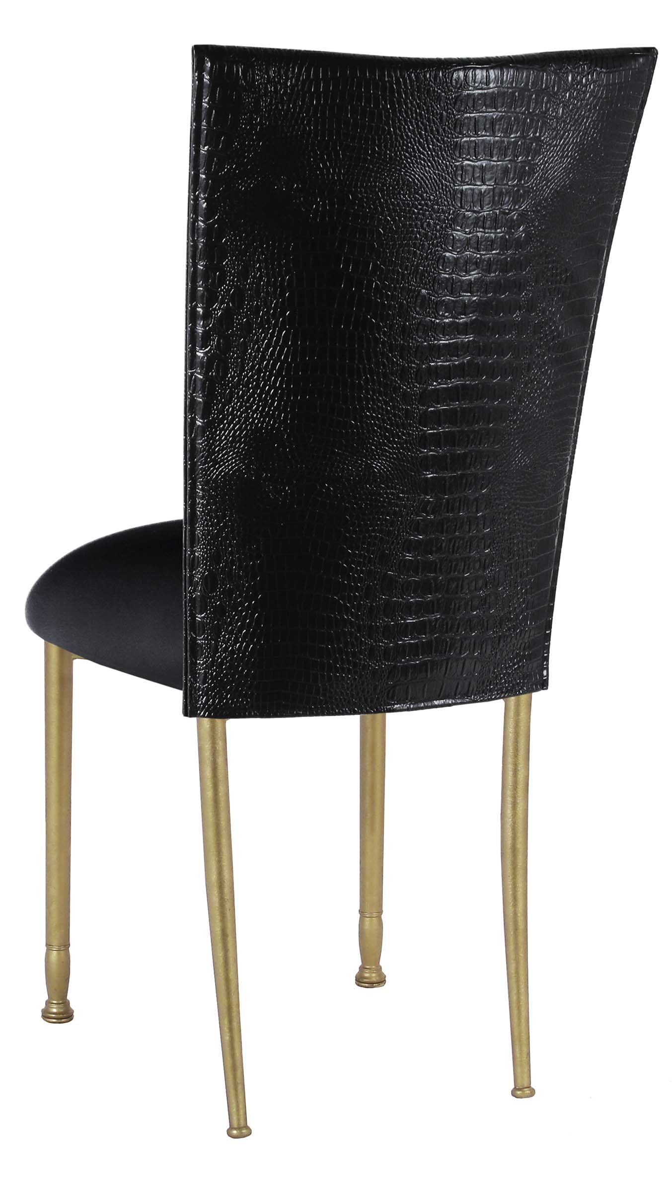 Black Croc Chair Cover with Black Stretch Knit Cushion on Gold Legs – Chameleon Chair Collection | Rental Black Croc Chair Cover with Black Stretch Knit Cushion on Gold Legs – Chameleon Chair Collection | Rental