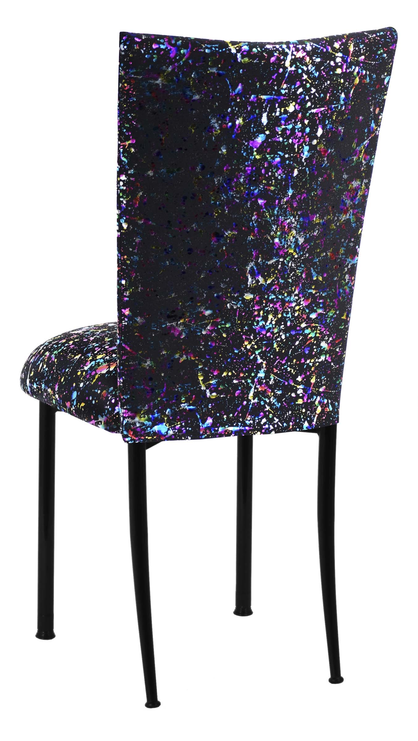 Black Paint Splatter Chair Cover and Cushion on Black Legs – Chameleon Chair Collection | Rental