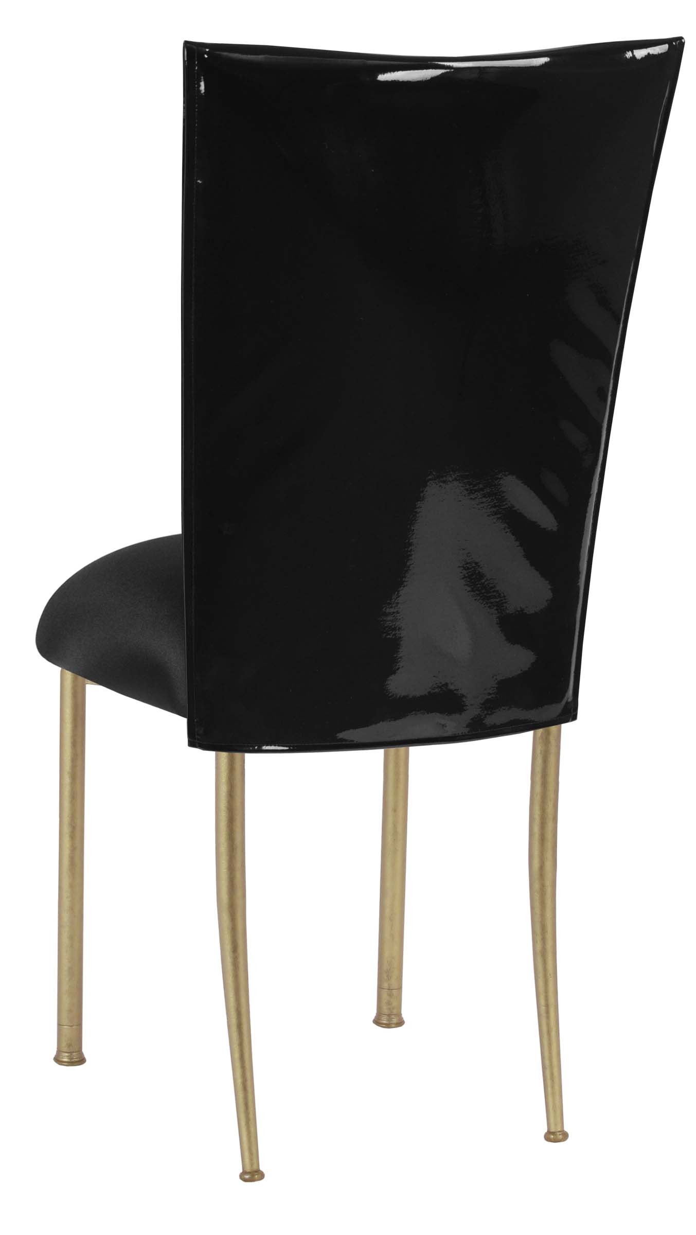 Black Patent 3/4 Chair Cover with Black Stretch Knit Cushion on Gold Legs – Chameleon Chair Collection | Rental