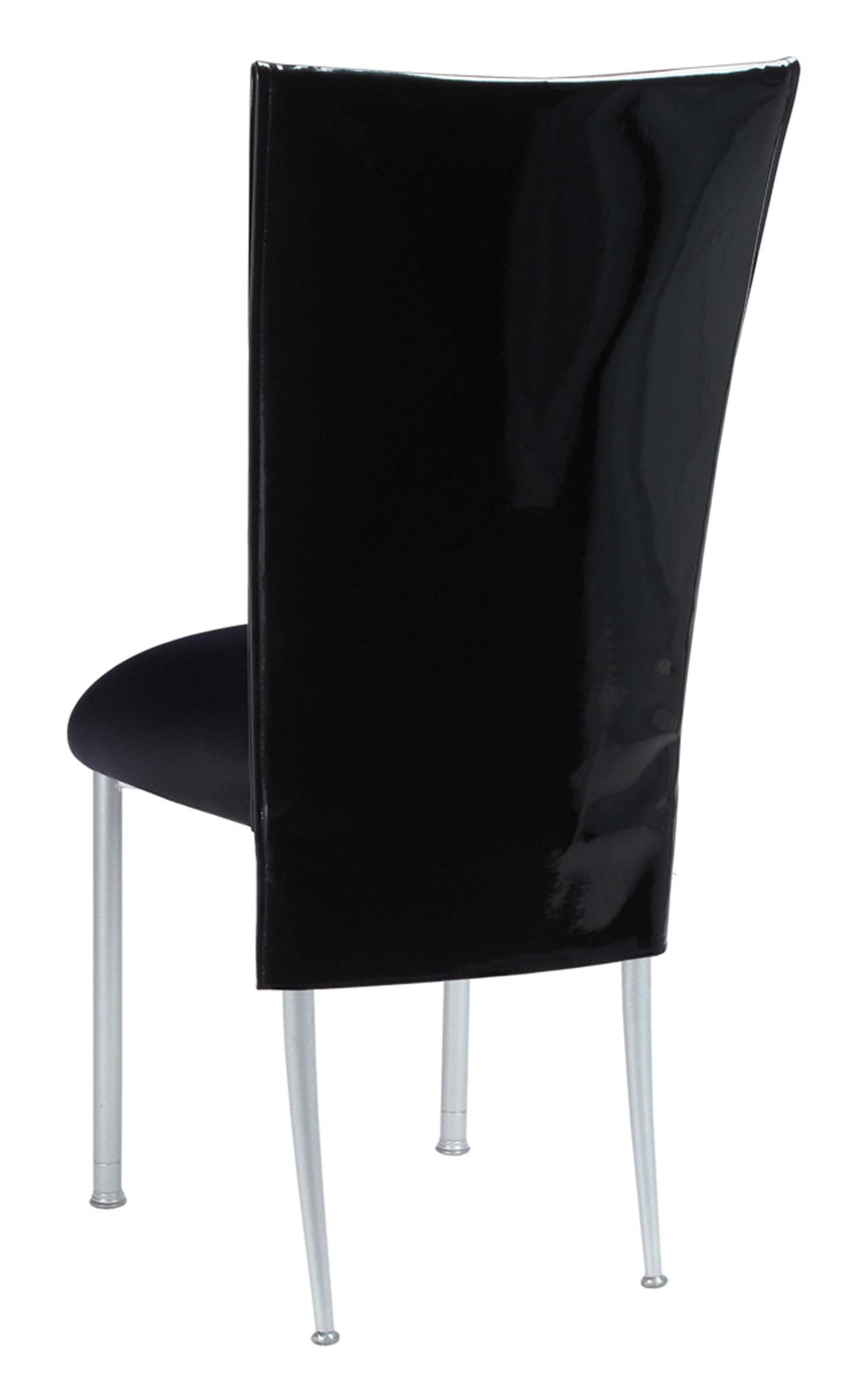 Black Patent 3/4 Chair Cover with Black Stretch Knit Cushion on Silver Legs – Chameleon Chair Collection | Rental