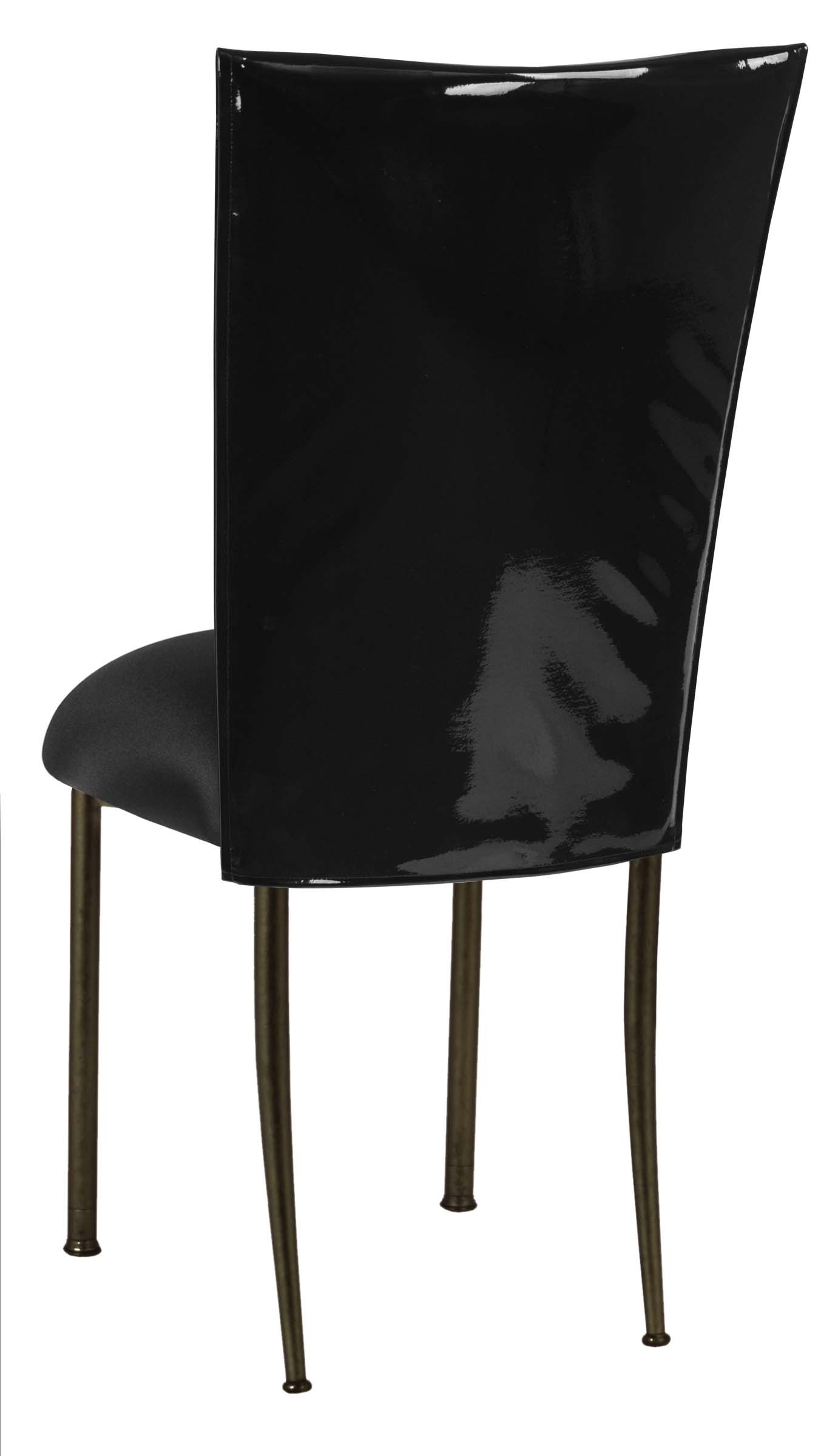 Black Patent Chair Cover with Black Stretch Knit Cushion on Brown Legs – Chameleon Chair Collection | Rental