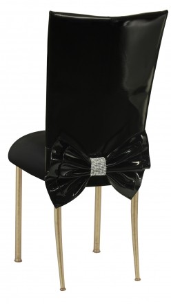 Black Patent Leather Chair Cover with Rhinestone Bow and Black Stretch Knit Cushion on Gold Legs – Chameleon Chair Collection | Rental