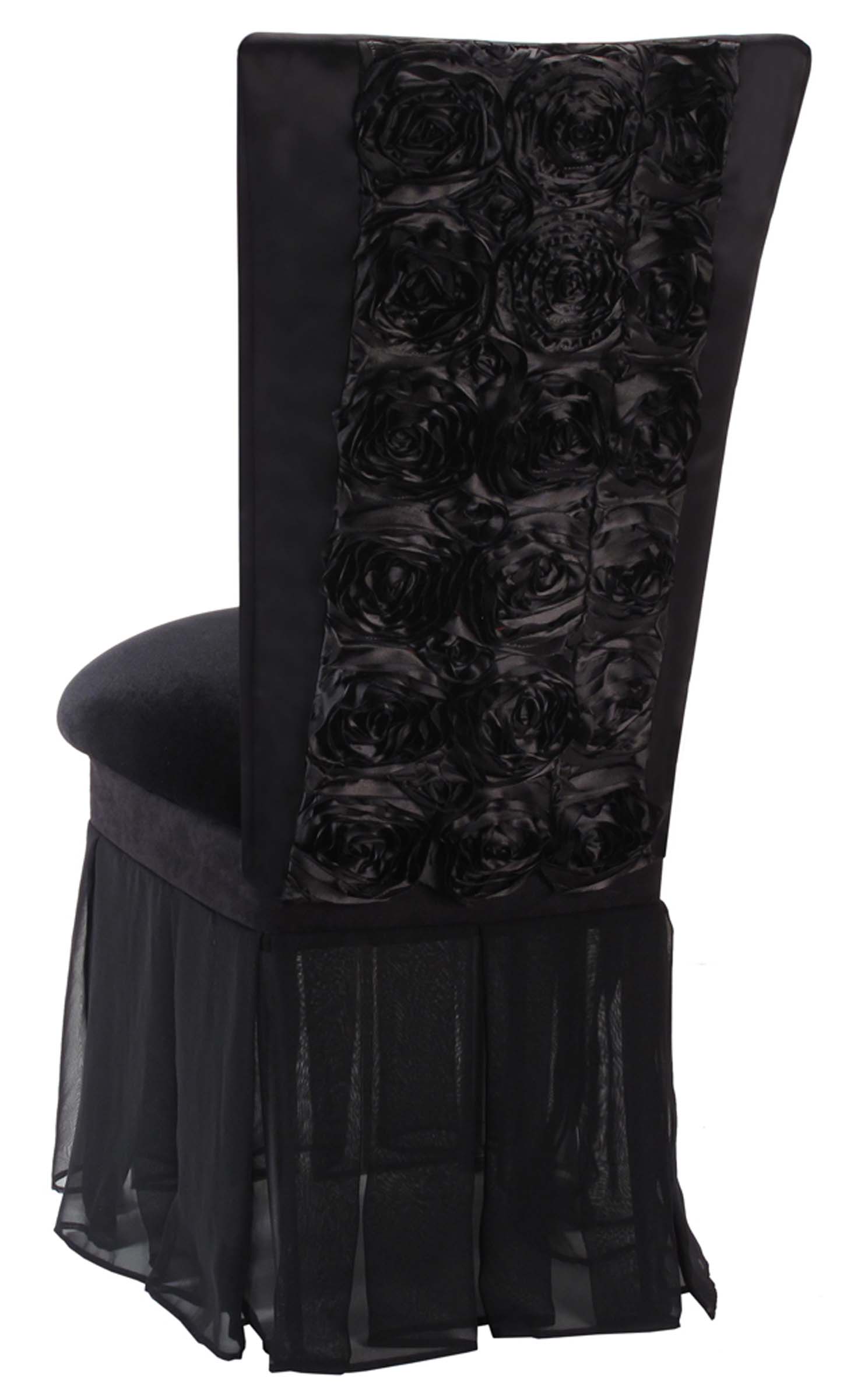 Black Rosette Chair Cover with Black Velvet Cushion and Black Chiffon Skirt – Chameleon Chair Collection | Rental
