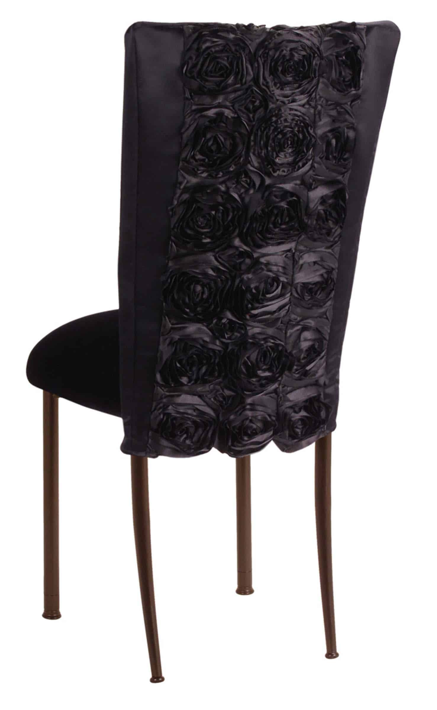 Black Rosette Chair Cover with Black Velvet Cushion on Brown Legs – Chameleon Chair Collection | Rental