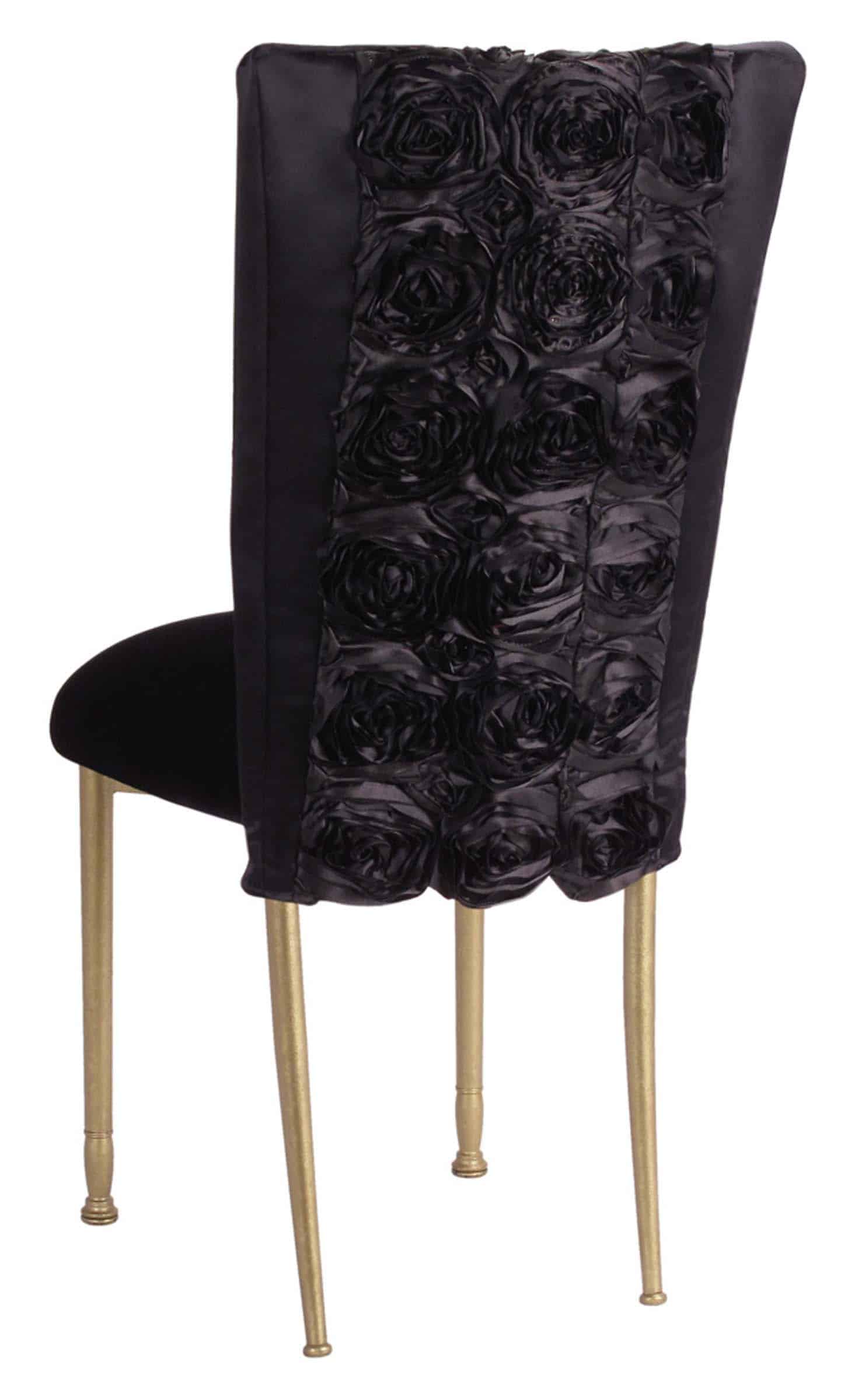 Black Rosette Chair Cover with Black Velvet Cushion on Gold Legs – Chameleon Chair Collection | Rental