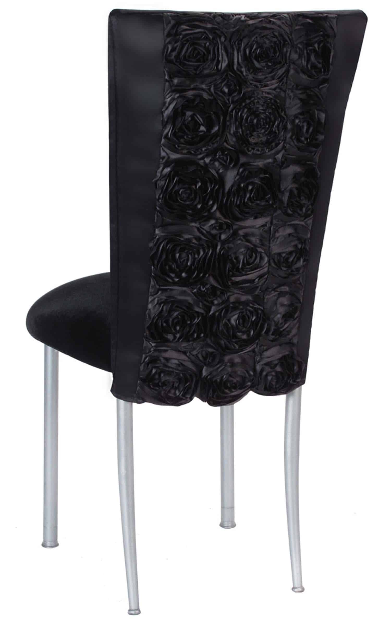 Black Rosette Chair Cover with Black Velvet Cushion on Silver Legs – Chameleon Chair Collection | Rental