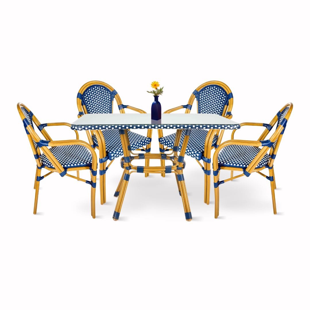 Blue and White French Bistro Set Includes 48″ x 36″ Table and 4 Chairs with Arms | Rental