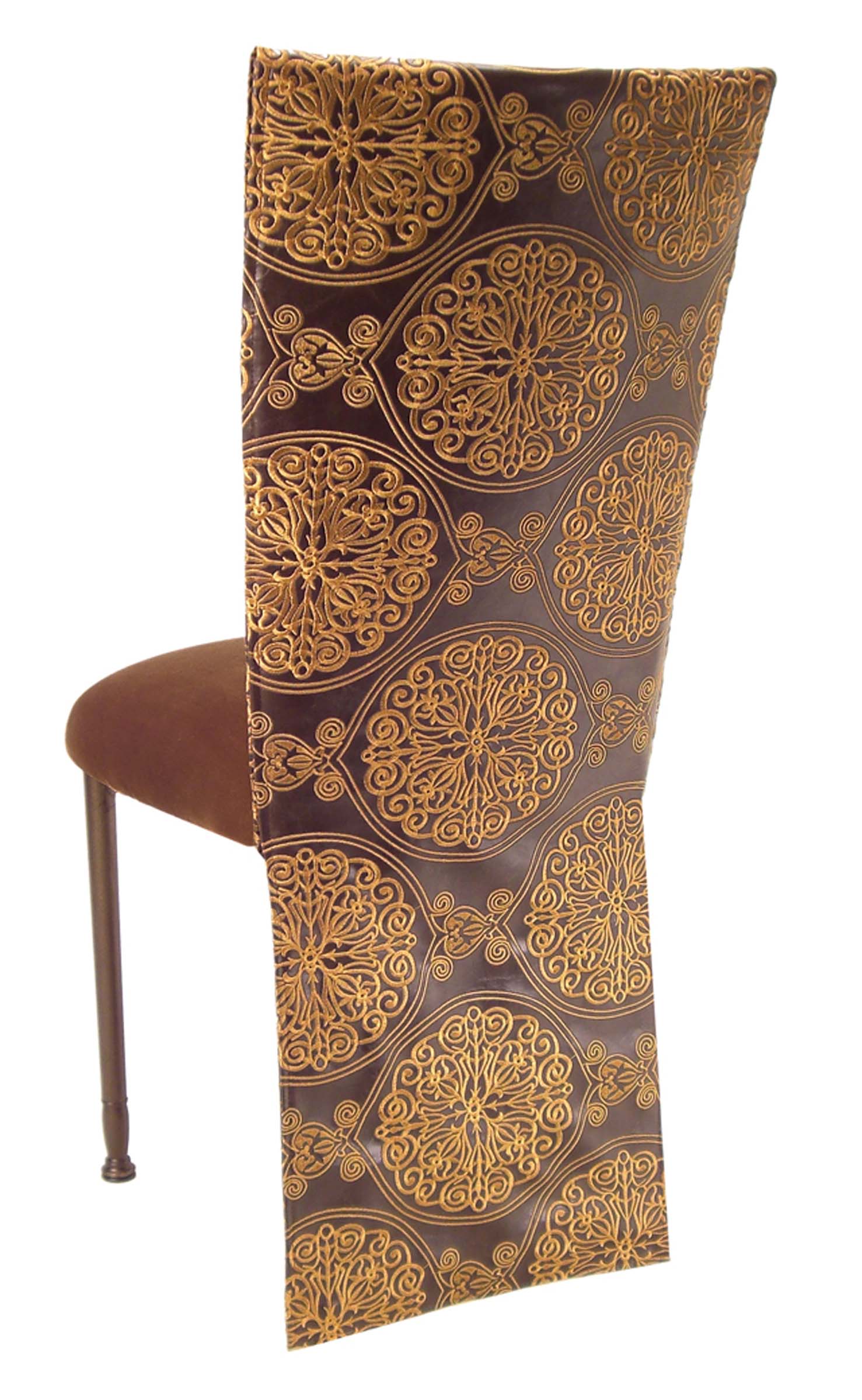 Brown and Gold Crest Chair Cover with Chocolate Suede Cushion on Brown Legs – Chameleon Chair Collection | Rental Brown and Gold Crest Chair Cover with Chocolate Suede Cushion on Brown Legs – Chameleon Chair Collection | Rental