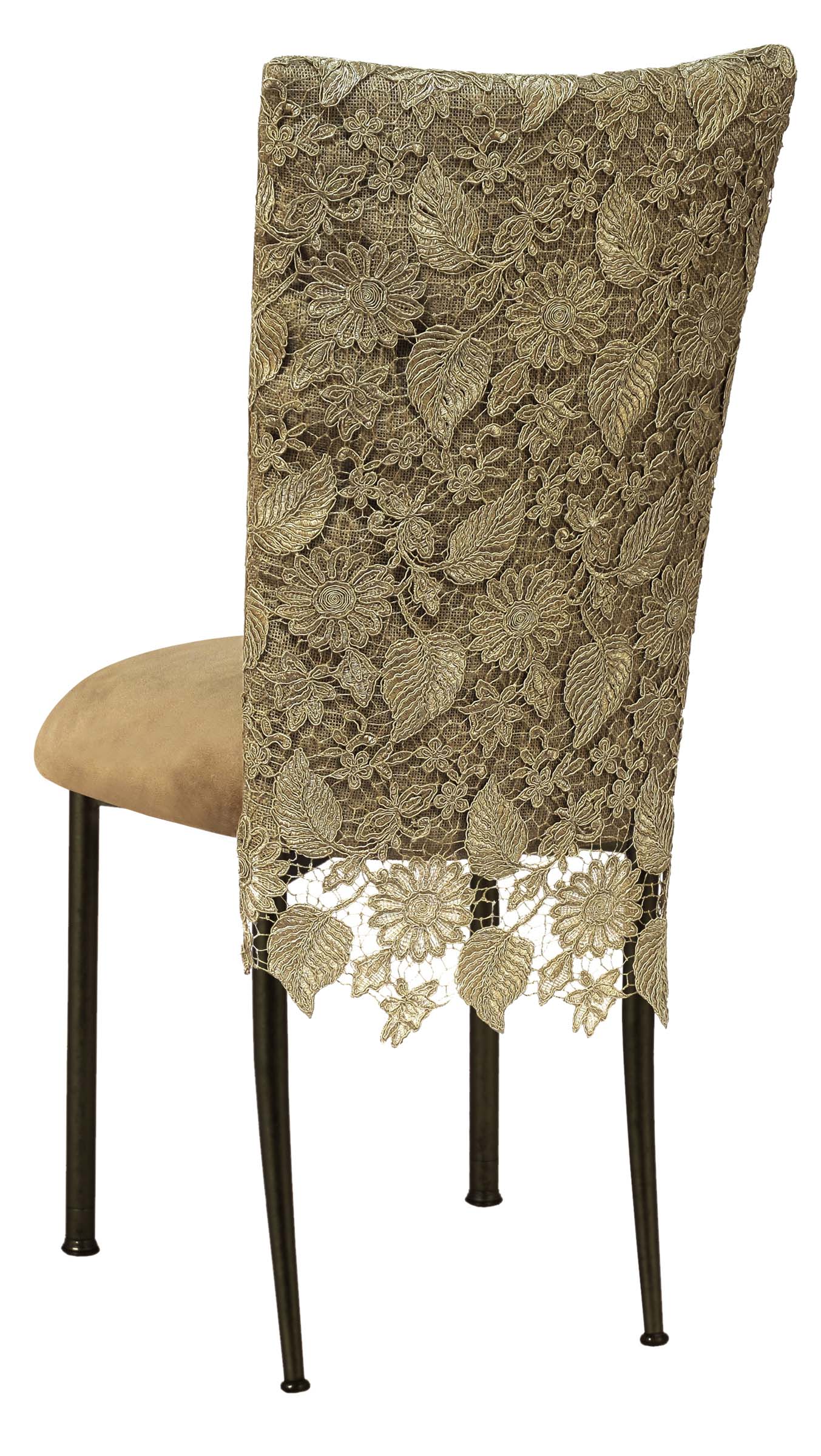Burlap Chantilly 3/4 Chair Cover with Camel Suede Cushion on Black Legs – Chameleon Chair Collection | Rental Burlap Chantilly 3/4 Chair Cover with Camel Suede Cushion on Black Legs – Chameleon Chair Collection | Rental