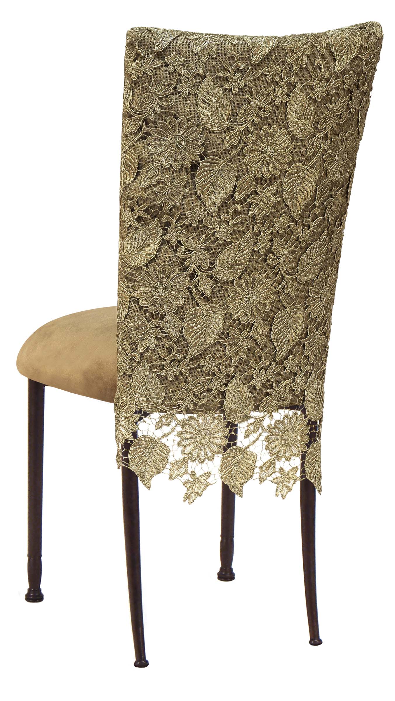 Burlap Chantilly 3/4 Chair Cover with Camel Suede Cushion on Brown Legs – Chameleon Chair Collection | Rental Burlap Chantilly 3/4 Chair Cover with Camel Suede Cushion on Brown Legs – Chameleon Chair Collection | Rental