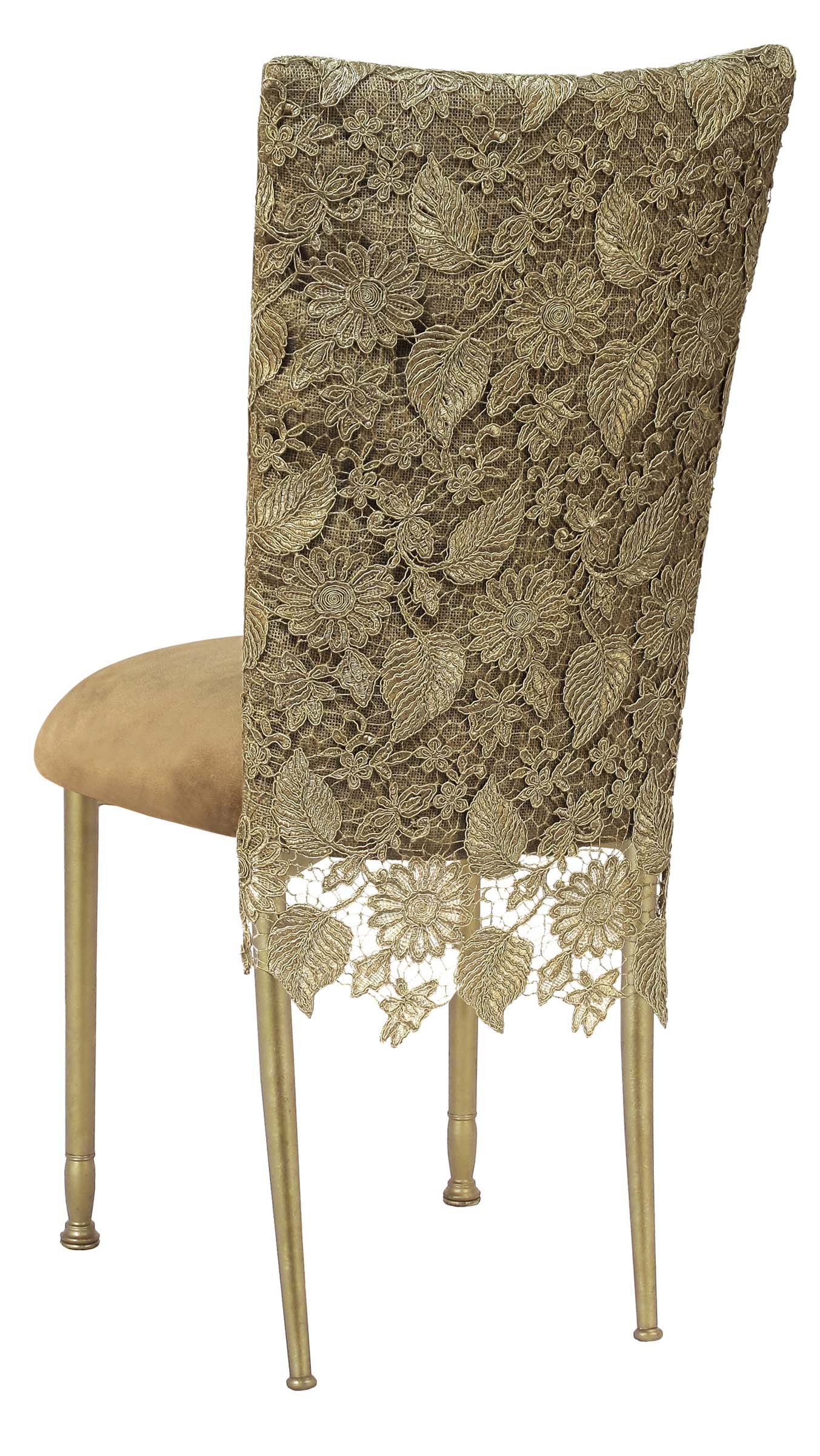 Burlap Chantilly 3/4 Chair Cover with Camel Suede Cushion on Gold Legs – Chameleon Chair Collection | Rental Burlap Chantilly 3/4 Chair Cover with Camel Suede Cushion on Gold Legs – Chameleon Chair Collection | Rental