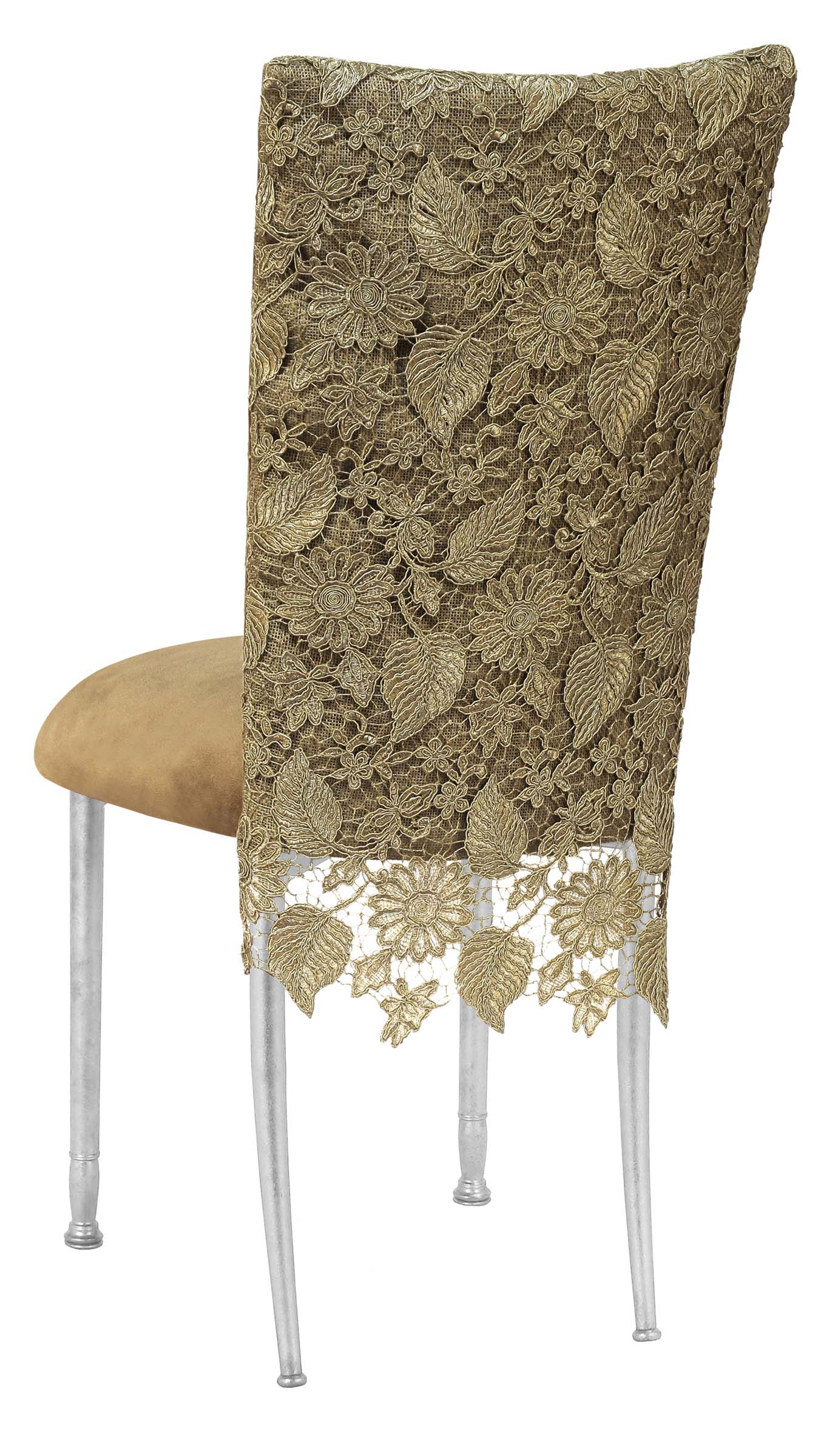 Burlap Chantilly 3/4 Chair Cover with Camel Suede Cushion on Silver Legs – Chameleon Chair Collection | Rental Burlap Chantilly 3/4 Chair Cover with Camel Suede Cushion on Silver Legs – Chameleon Chair Collection | Rental