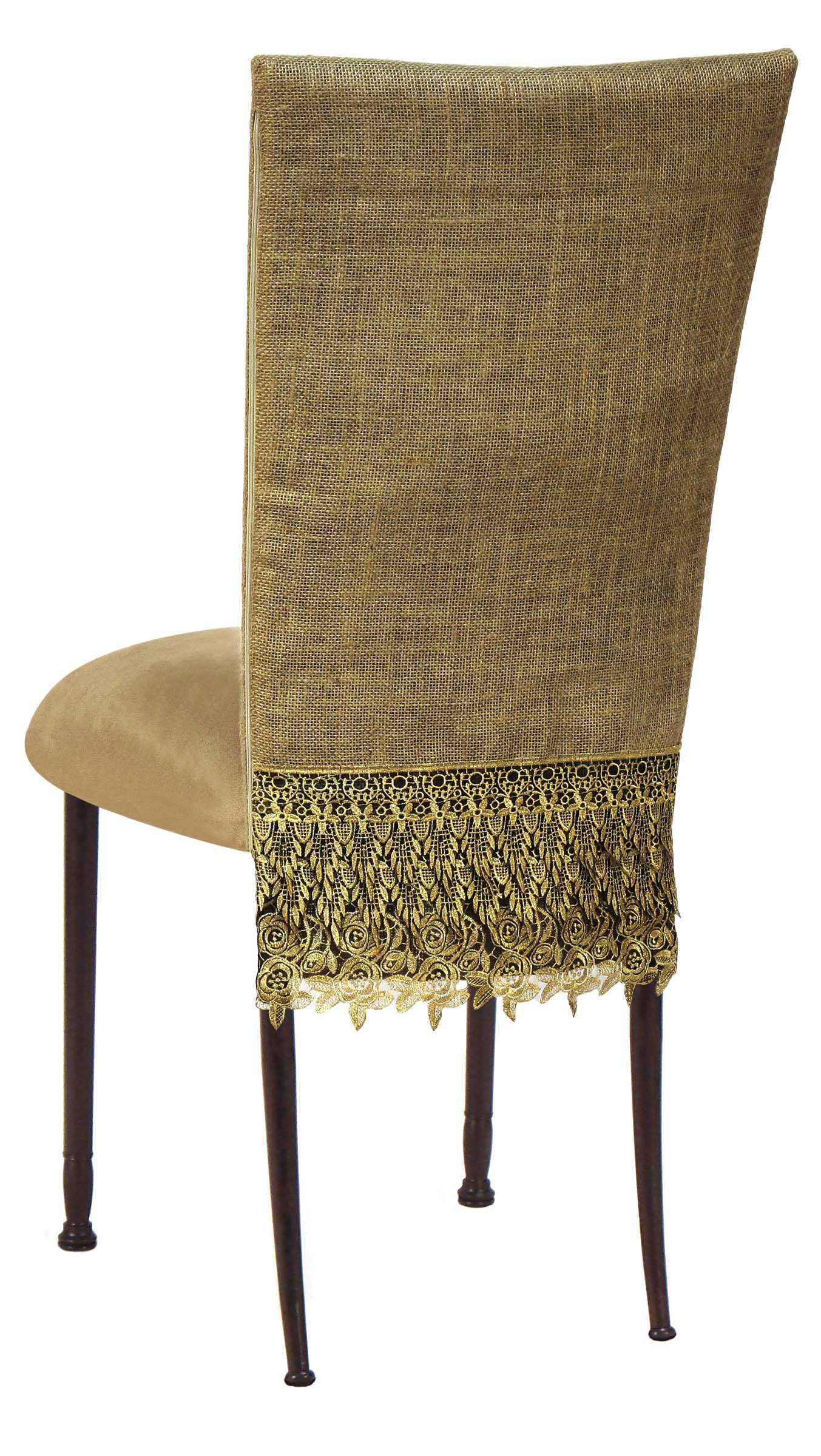 Burlap Fancy 3/4 Chair Cover with Camel Suede Cushion on Brown Legs – Chameleon Chair Collection | Rental Burlap Fancy 3/4 Chair Cover with Camel Suede Cushion on Brown Legs – Chameleon Chair Collection | Rental