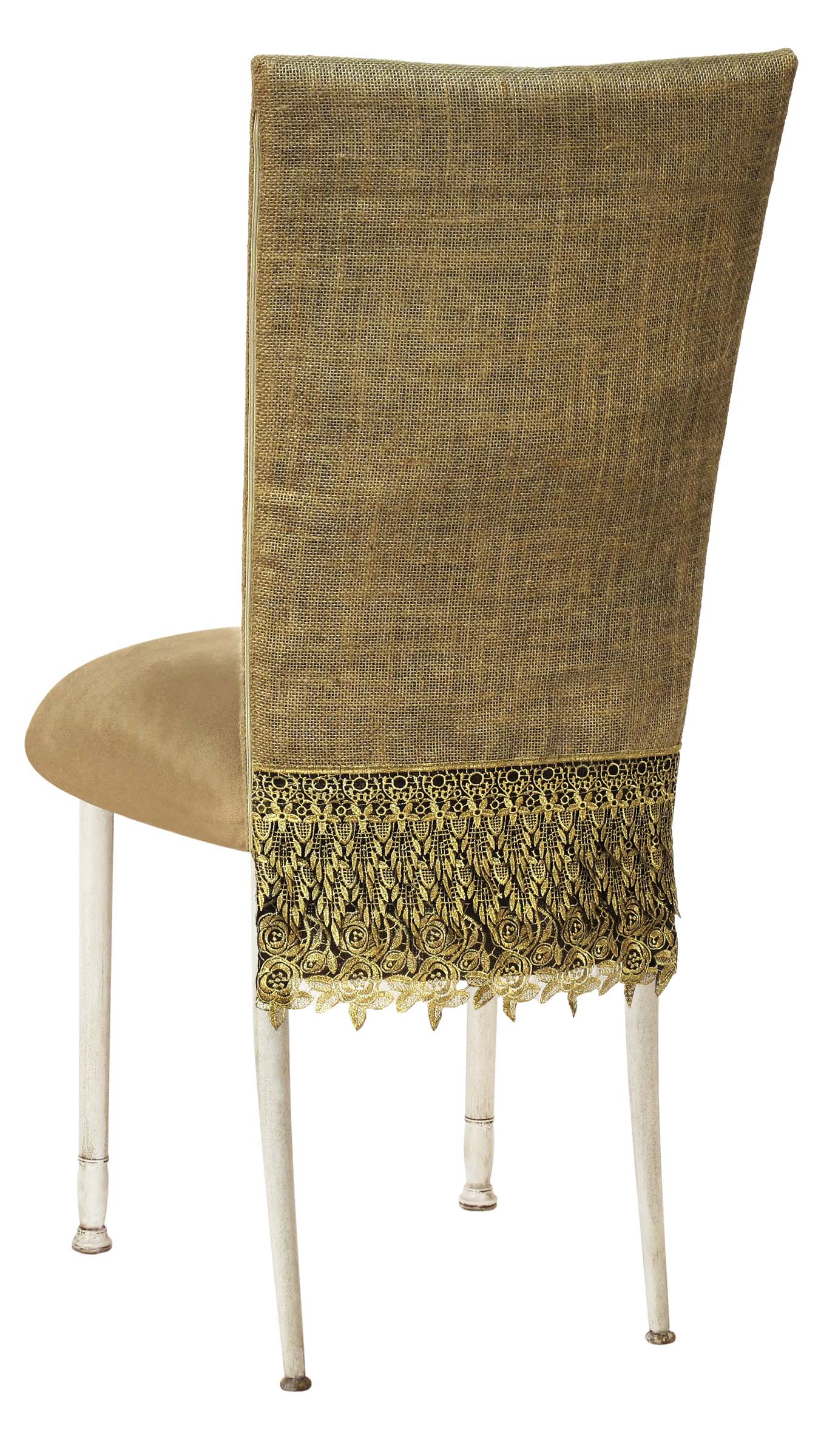 Burlap Fancy 3/4 Chair Cover with Camel Suede Cushion on Ivory Legs – Chameleon Chair Collection | Rental Burlap Fancy 3/4 Chair Cover with Camel Suede Cushion on Ivory Legs – Chameleon Chair Collection | Rental