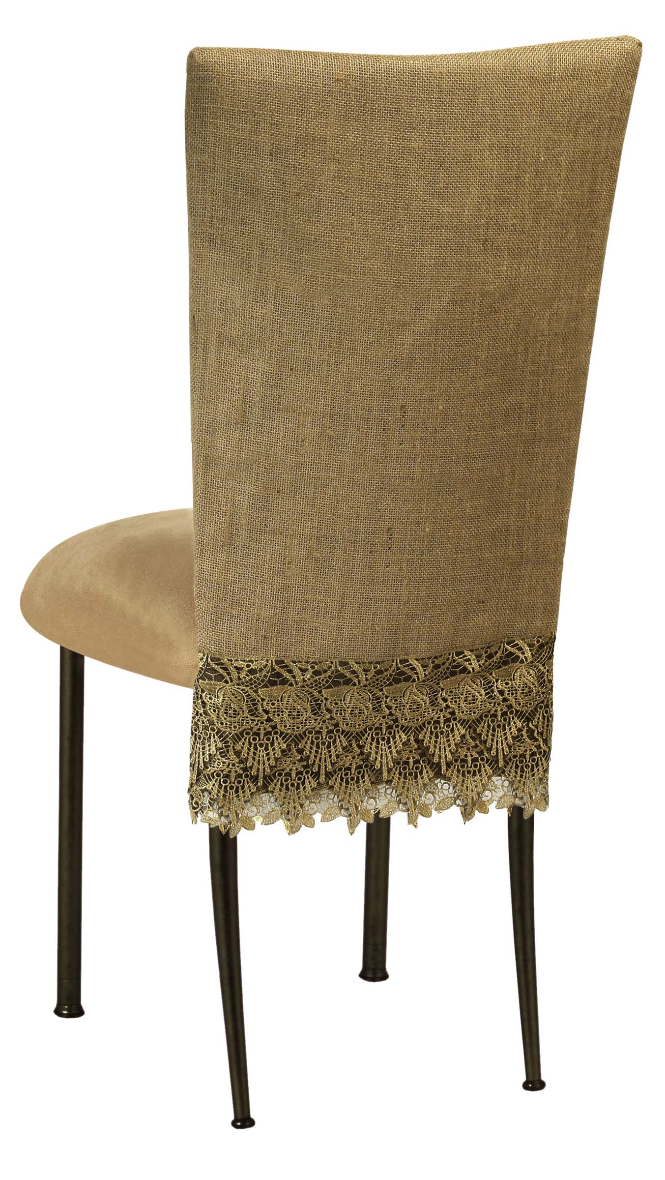 Burlap Flamboyant 3/4 Chair Cover with Camel Suede Cushion on Black Legs – Chameleon Chair Collection | Rental Burlap Flamboyant 3/4 Chair Cover with Camel Suede Cushion on Black Legs – Chameleon Chair Collection | Rental