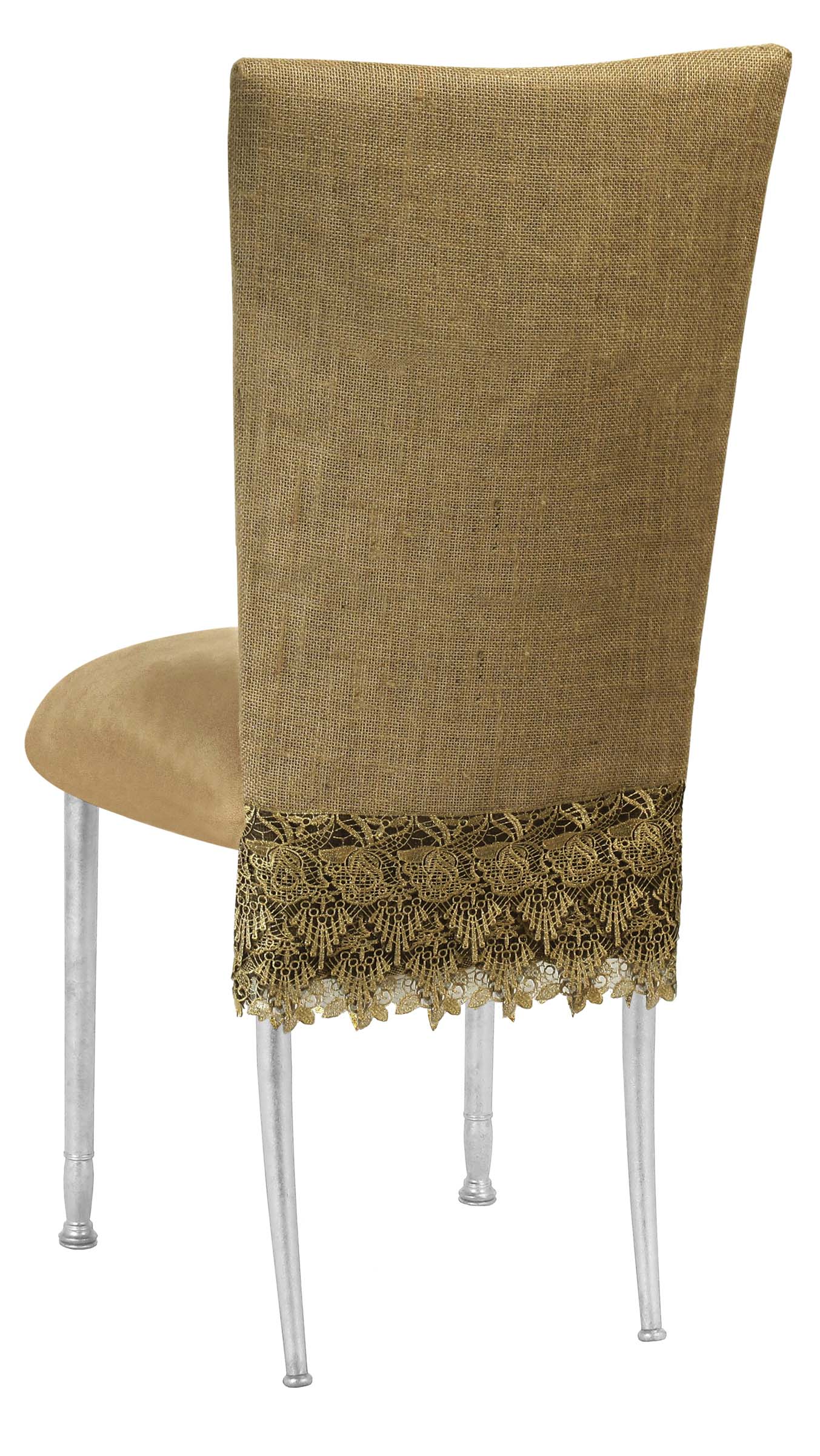 Burlap Flamboyant 3/4 Chair Cover with Camel Suede Cushion on Silver Legs – Chameleon Chair Collection | Rental Burlap Flamboyant 3/4 Chair Cover with Camel Suede Cushion on Silver Legs – Chameleon Chair Collection | Rental