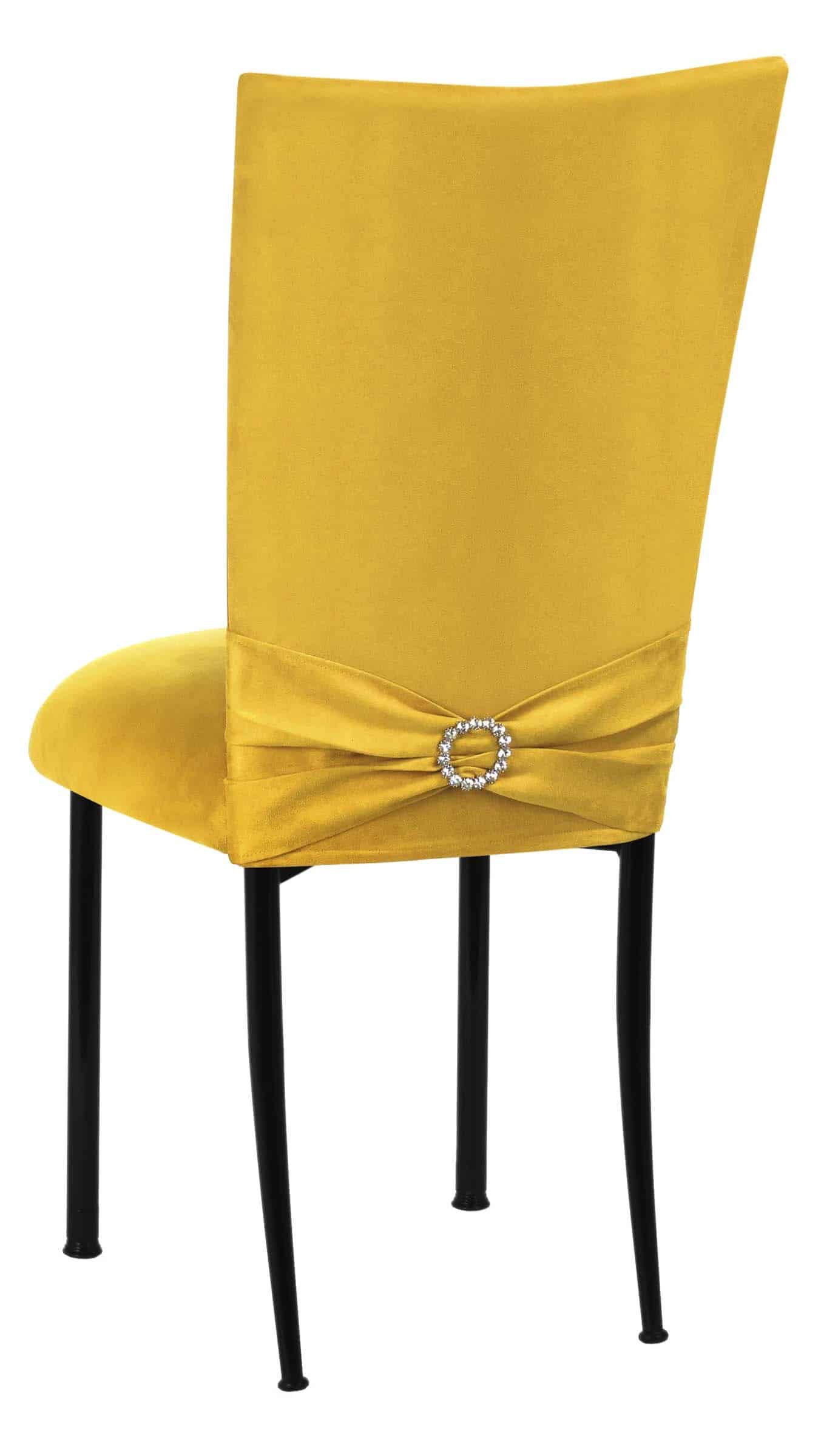 Canary Suede Chair Cover with Jewel Belt and Cushion on Black Legs – Chameleon Chair Collection | Rental Canary Suede Chair Cover with Jewel Belt and Cushion on Black Legs – Chameleon Chair Collection | Rental