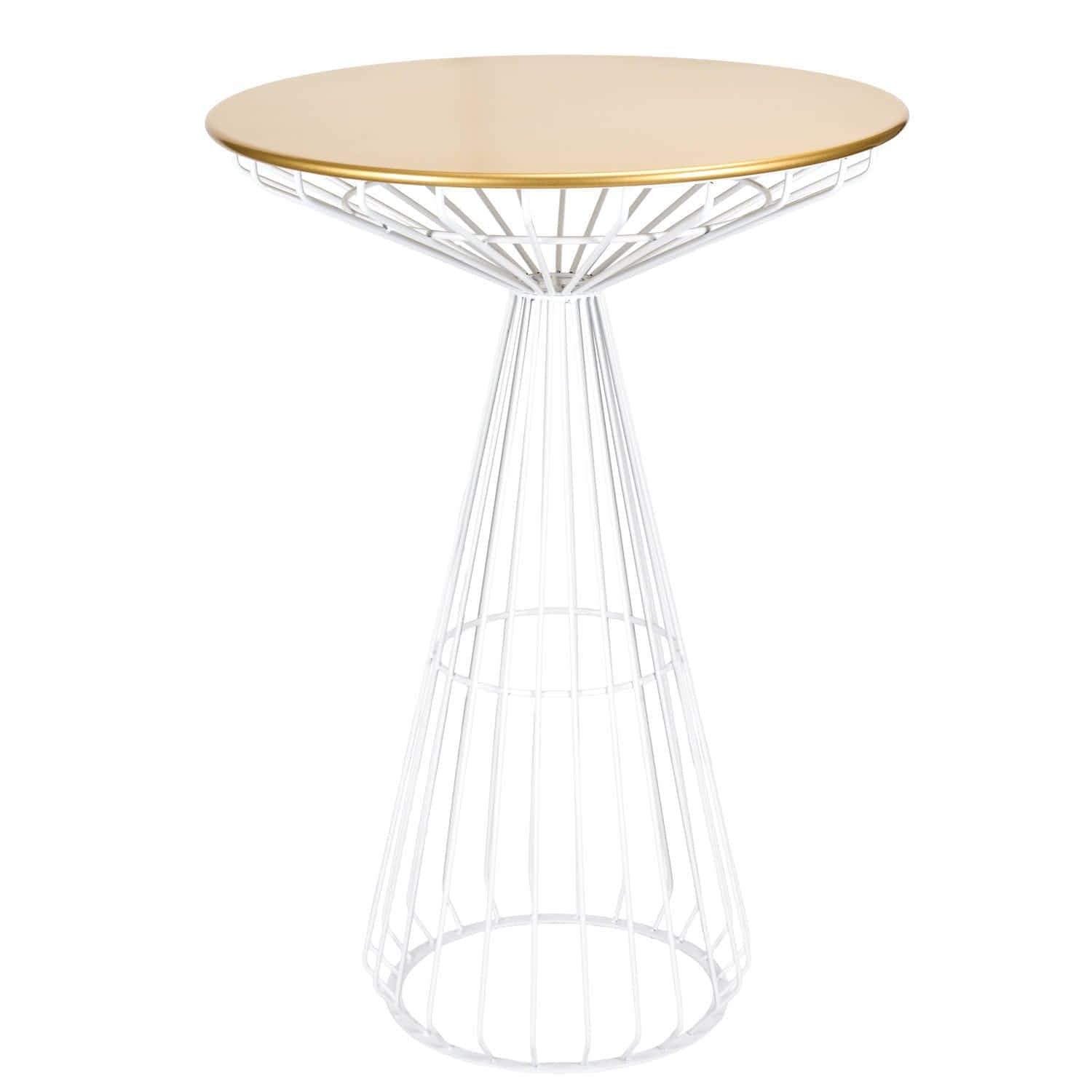 White Wire Cocktail Table with 32″ Round Gold Top and Strong White Steel Base | Rental
