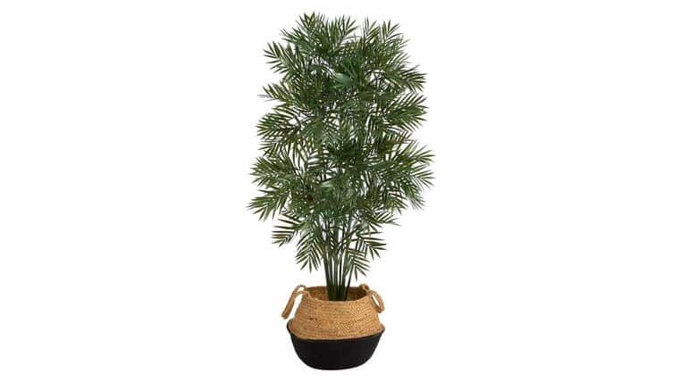 4′ Parlor Palm Artificial Tree in Boho Chic Handmade Cotton & Jute Black Woven Planter | Rental