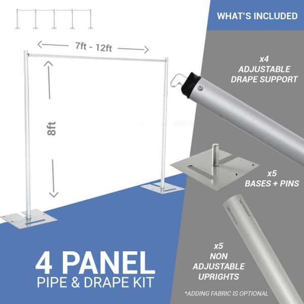 4-Panel Pipe and Drape Kit / Backdrop – 8ft Tall (Non-Adjustable – 1.5″ Break Apart Uprights) | Rental 4-Panel Pipe and Drape Kit / Backdrop – 8ft Tall (Non-Adjustable – 1.5″ Break Apart Uprights) | Rental
