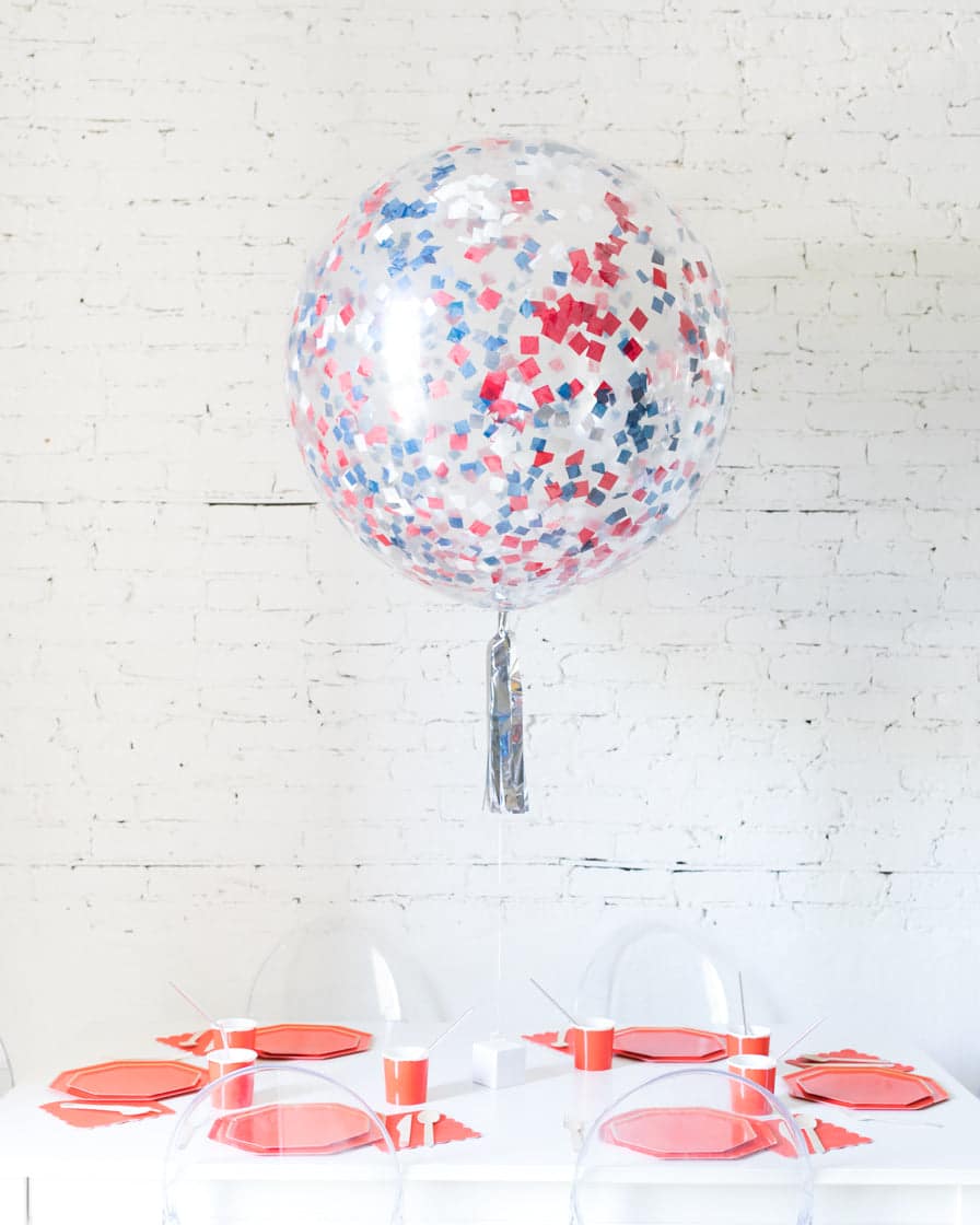 Red, White and Blue Palette Confetti Giant Balloon and Silver Skirt Centerpiece | Rental Red, White and Blue Palette Confetti Giant Balloon and Silver Skirt Centerpiece | Rental